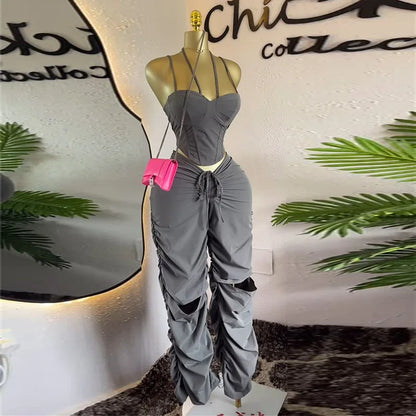 Strap Tunic Crop Tops + Stacked Ruched Pant Sets