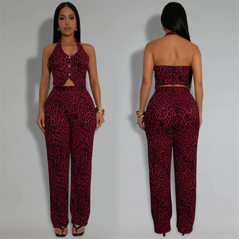 Leopard Backless Button Crop Top and Pants Matching Sets