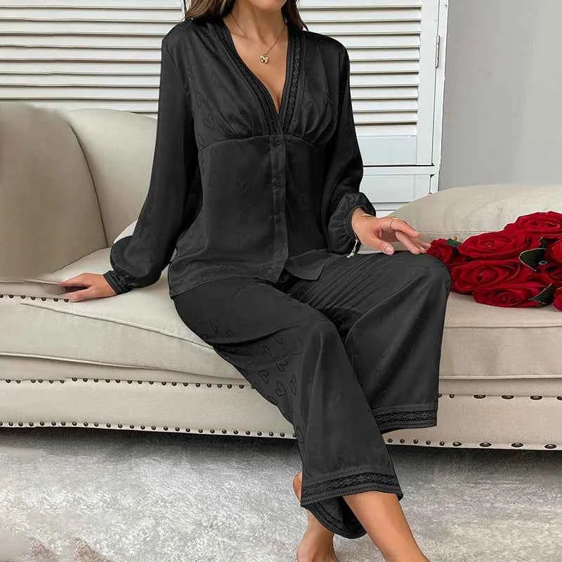 Satin Trousers + V-Neck Comfortable Jacquard Pajama Sets