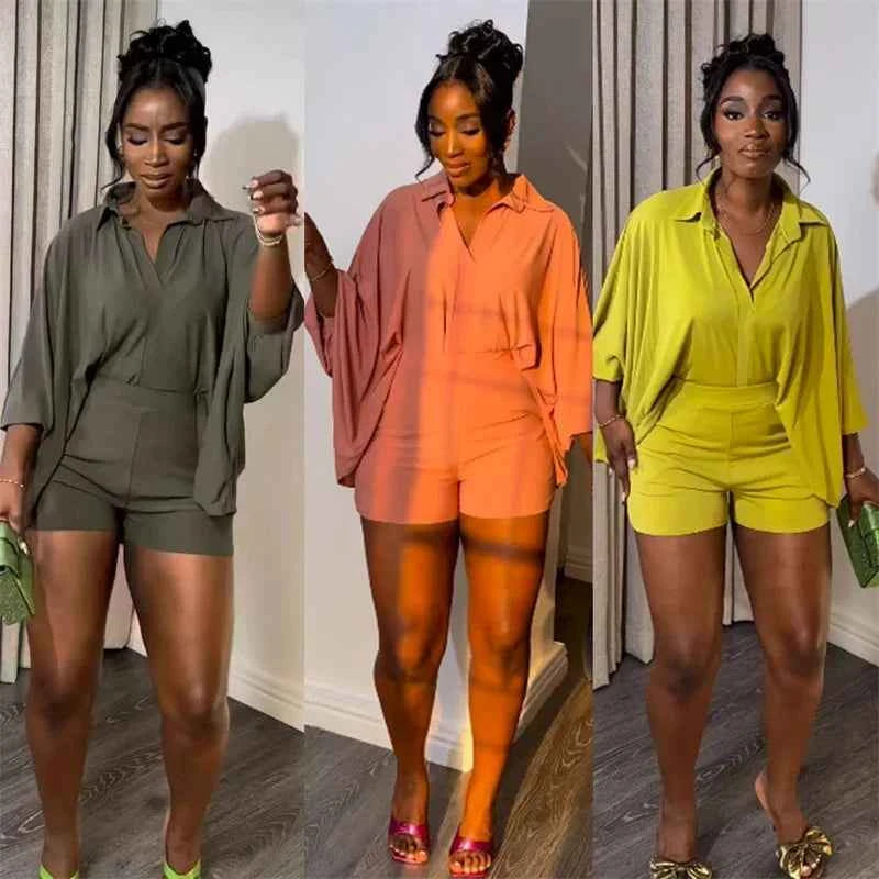Solid Batwing Sleeve Loose Shirt Top + Shorts Casual Matching Sets