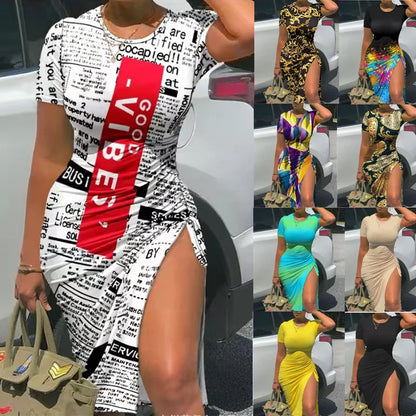 Trendy Printed Slim Bodycon Short Sleeves Drawstring Slit Midi Dresses