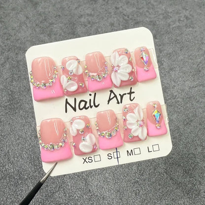 10pcs Handmade False Nail Art Pink French Fake Nail Short Flower Press on Nails Tips Duckbill with Rhinestone Nails Set Wearable
