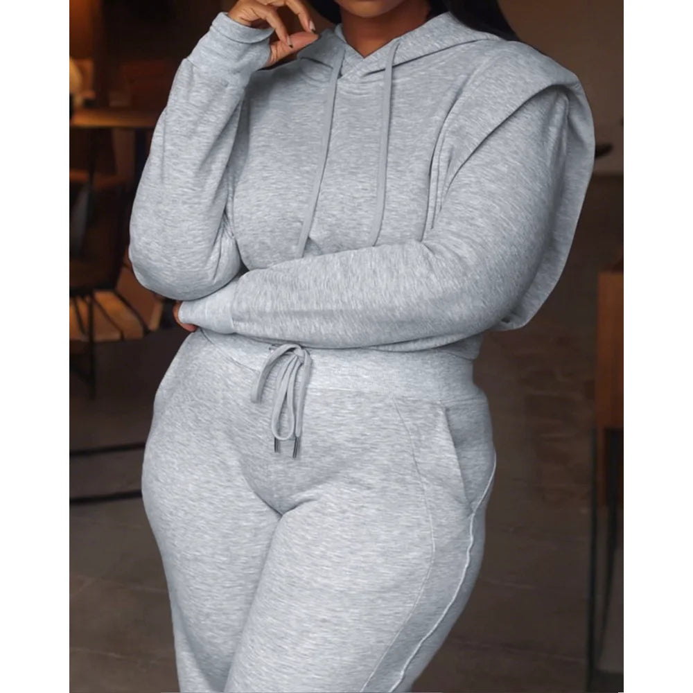 Elegant Tied Detail Hooded Long Sleeve Sweatshirt + Wide Leg Sweatpants Set for Autumn/Winter
