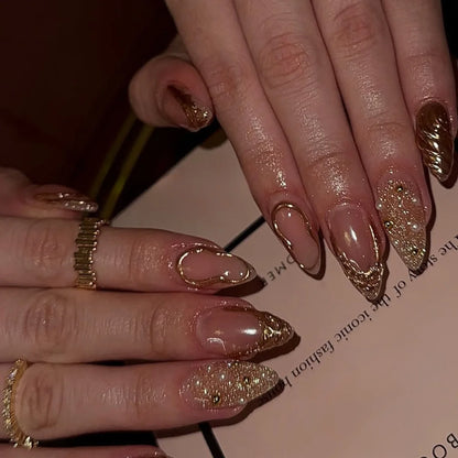 24Pcs Short Almond Fake Nails Butterfly Wings Nail Art with Glue Glitter Flower False Nails Acrylic Autumn Winter Press on Nail