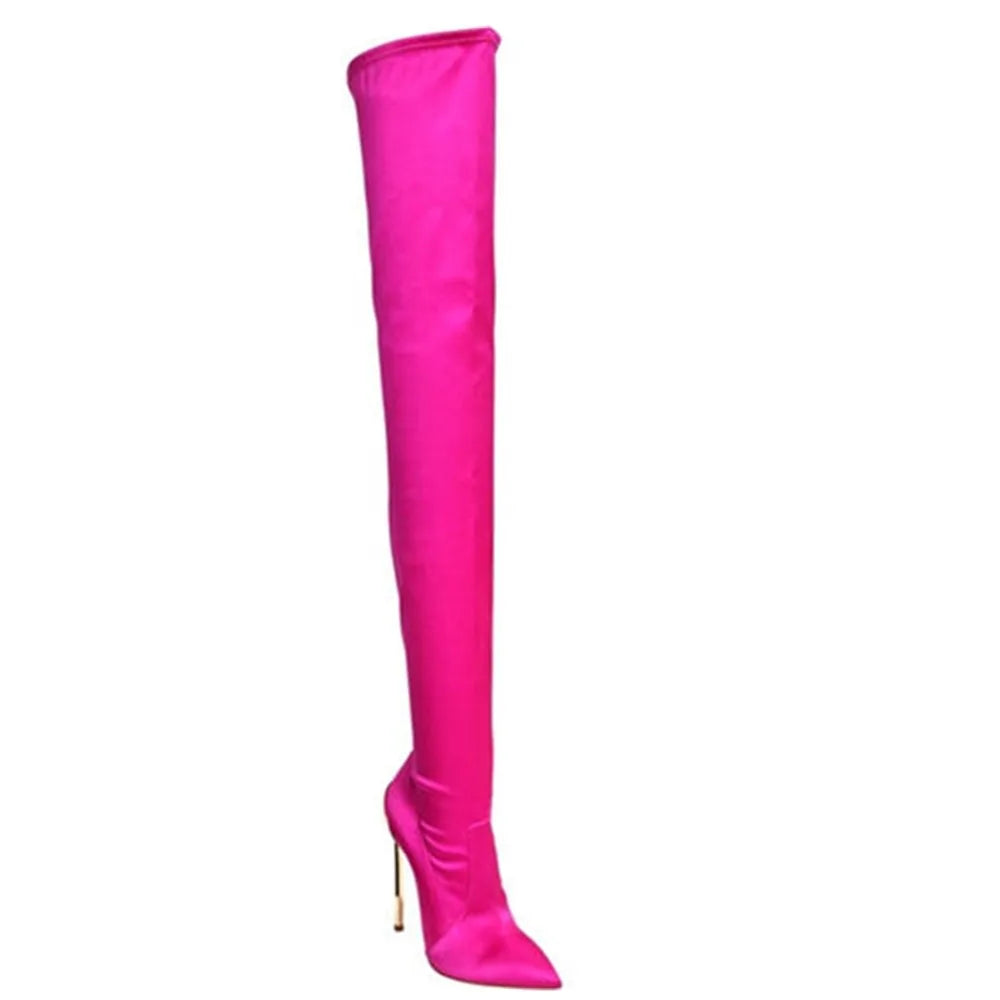 Aubrey Stretch Fabric Metal Thin Heels Over the Knee ee Boots