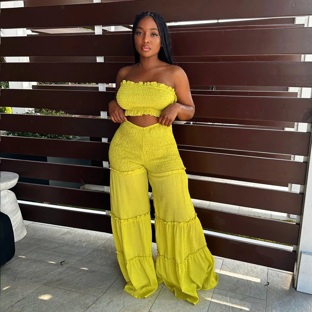 2pc Boho Ruffled Strapless Crop Tube Top + Wide Leg Pants Suit
