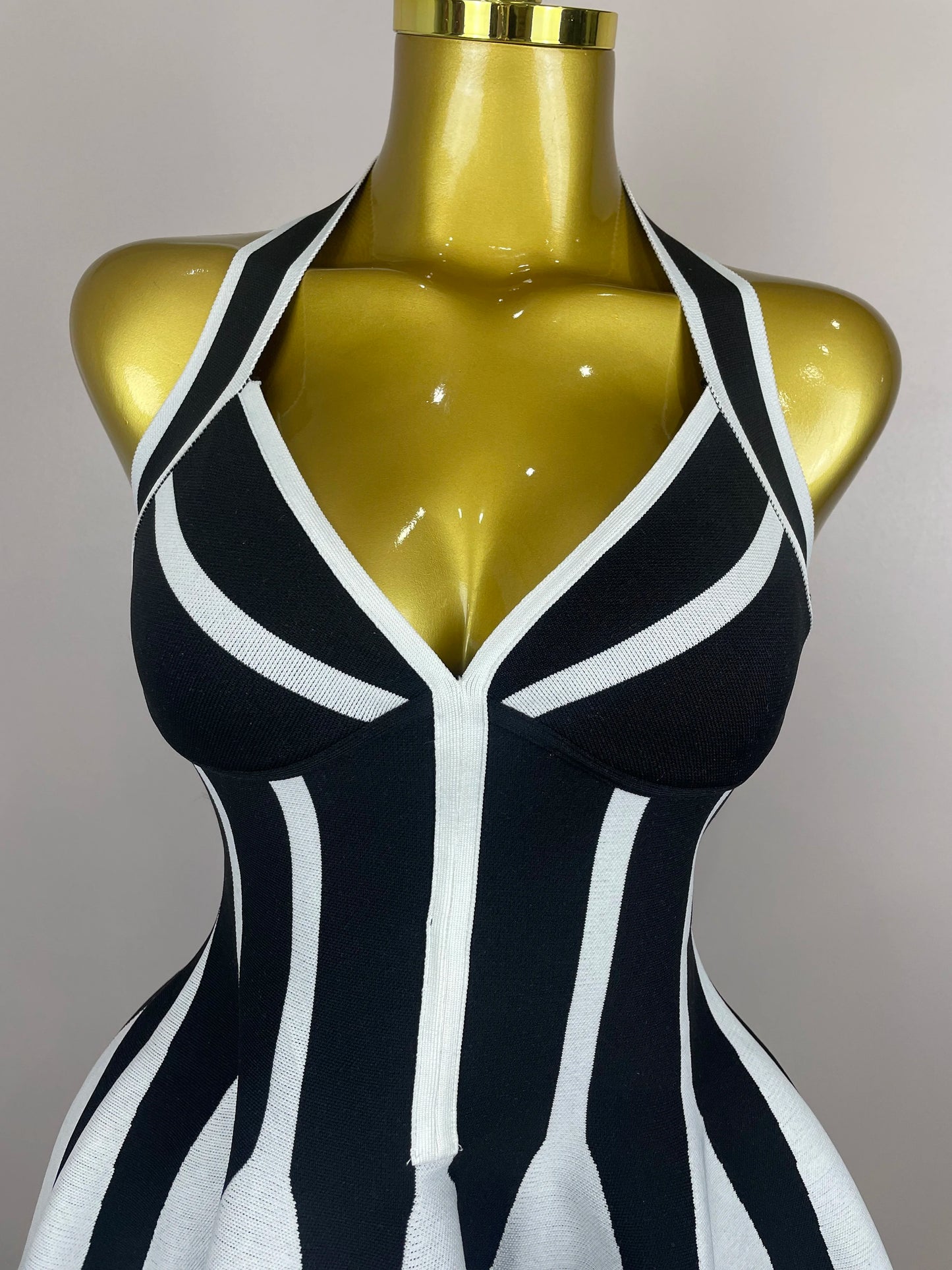 Celebrity Elegant Evening  Backless Black White Stripes Halter Bandage A Line Mini Dresses