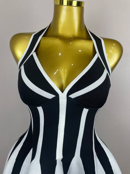 Celebrity Elegant Evening  Backless Black White Stripes Halter Bandage A Line Mini Dresses