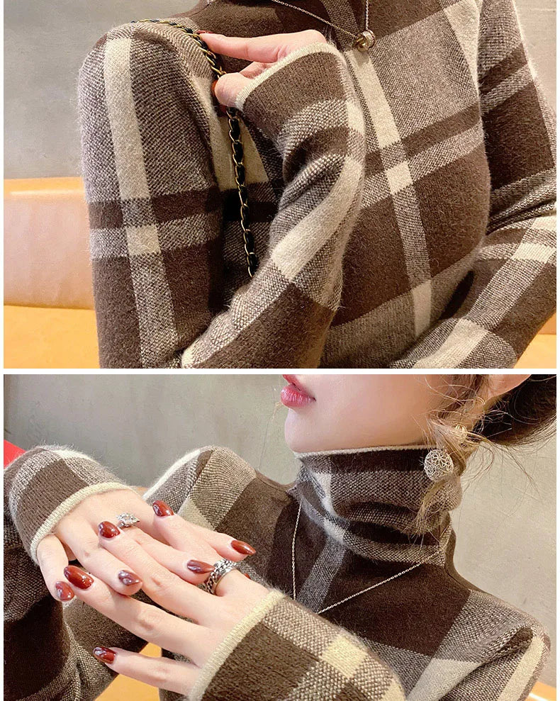 Kyli's Basic Soft Elastic Slim Turtleneck Wool Knitted Sweaters (Vintage Plaid)