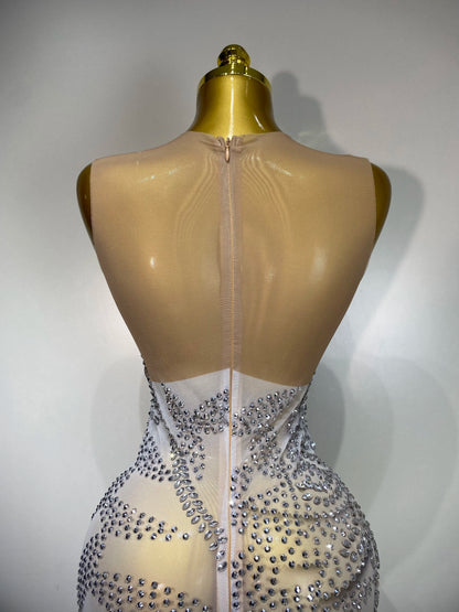 Luxury Rhinestone Sleeveless Silver Maxi Dresses (See Through)
