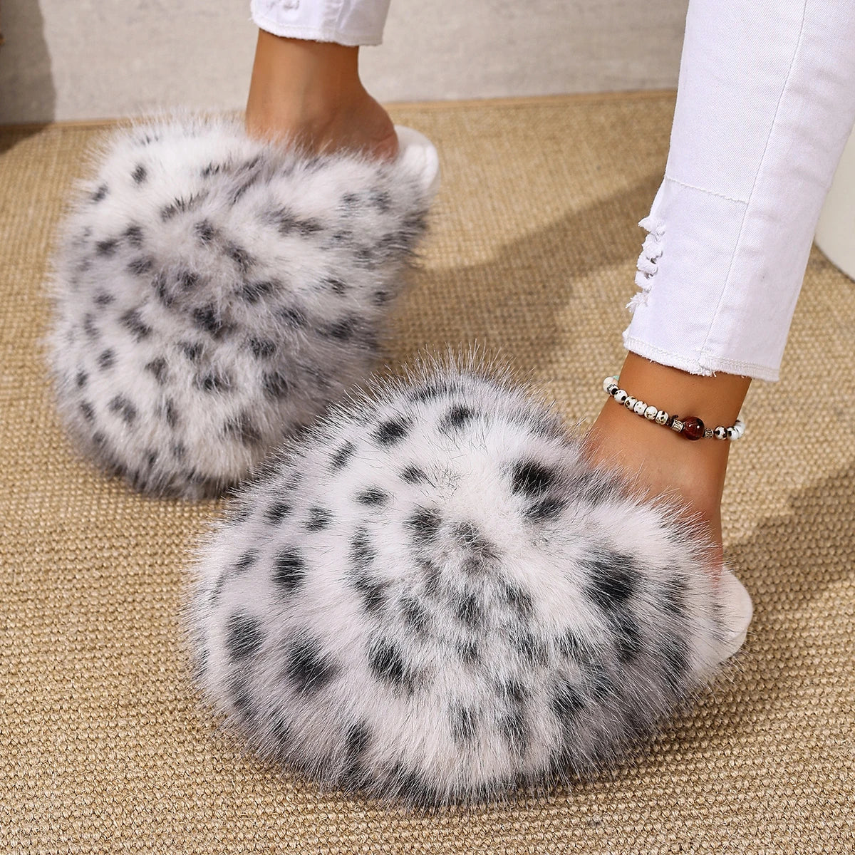 Faux Fur Leopard Pattern Soft Sole Indoor Ladies Shoes