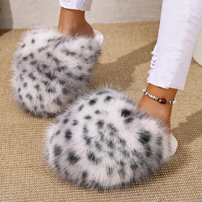 Faux Fur Leopard Pattern Soft Sole Indoor Ladies Shoes