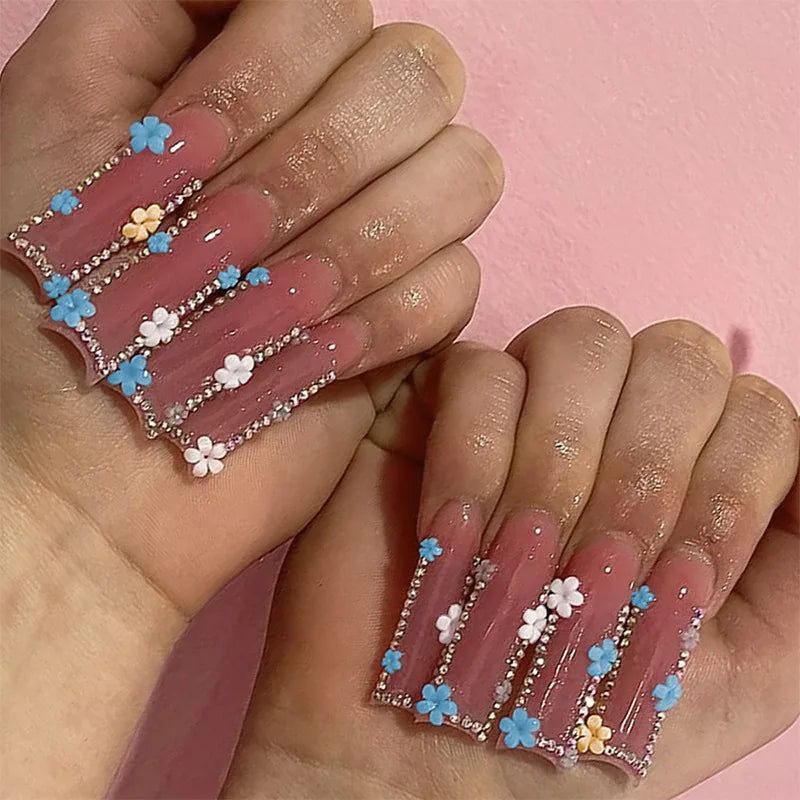 24Pcs Blue Long False Nails Butterfly Ballet French Cartoon  Wearable Fake Nails Full Cover Design Press on Nails Tips Art