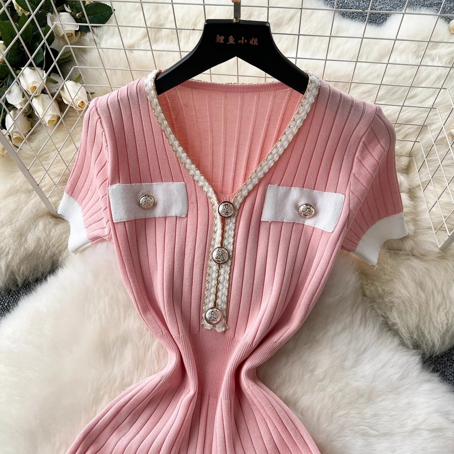 Mermaid V-neck Button Ribbed Knitted Dresses