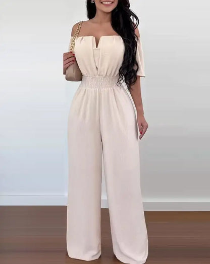 Fashion Off Shoulder Casual Plain Short Sleeve Shirred Waist Daily Long Wide Leg Jumpsuit
