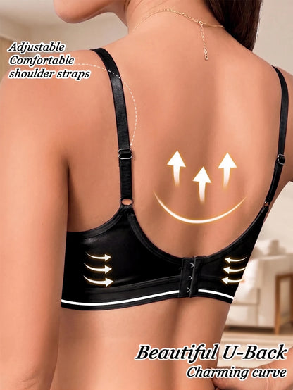 Underwire Push-Up Bra Glossy Satin U-Back Support Adjustable Straps Anti-Sagging Everyday Lingerie