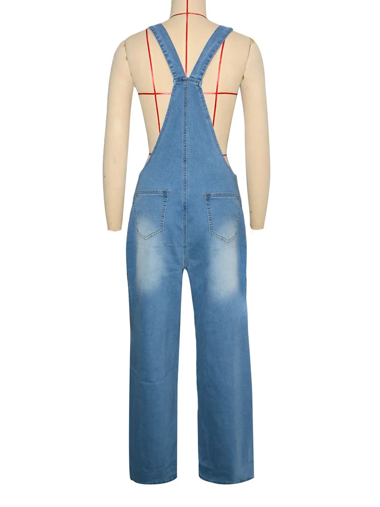 Loose High Waisted Zipper Denim Cargo Jumpsuits
