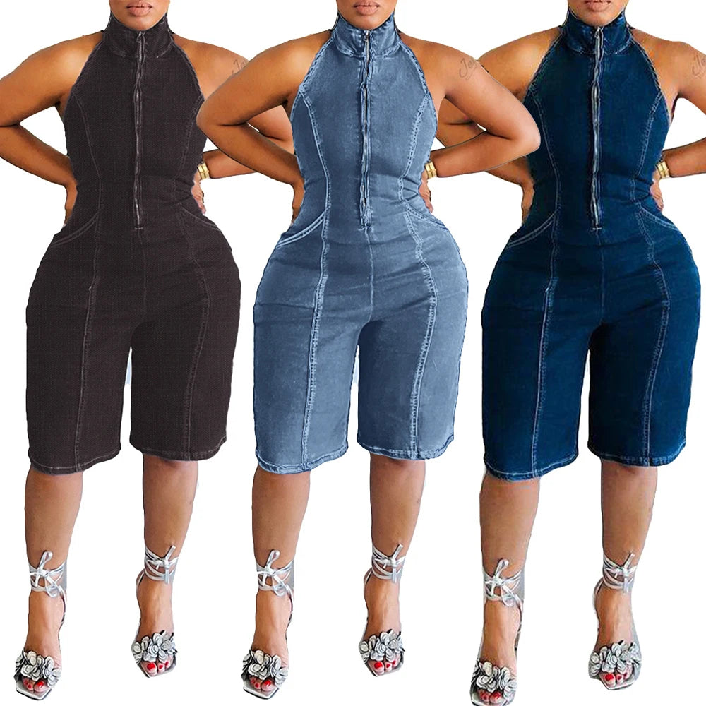 Michelle Half Zip Up Sleeveless One Piece Stretch Denim Romper