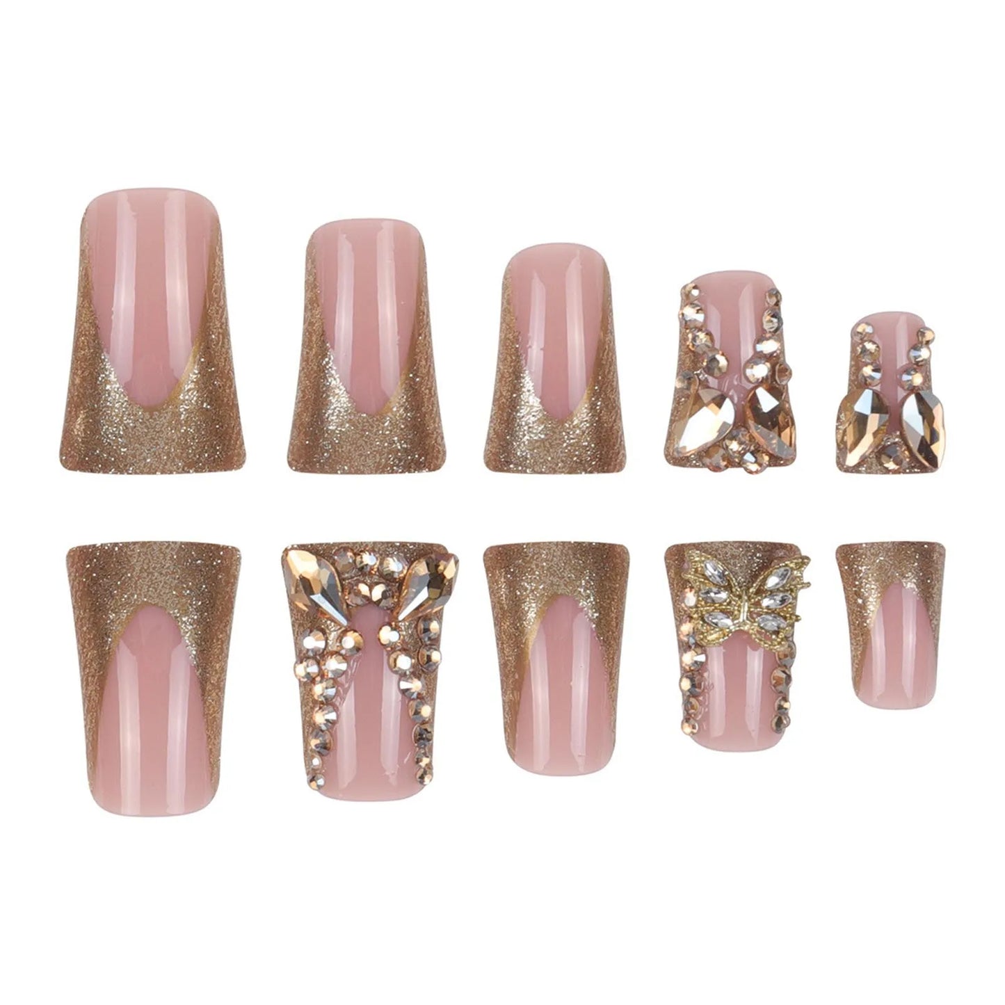24pcs Duckbill Shaped Fake Nails Gold Butterfly Rhinestone Design False Nail Tips Wearable Full Cover French Press on Nails