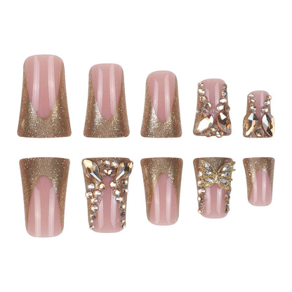 24pcs Duckbill Shaped Fake Nails Gold Butterfly Rhinestone Design False Nail Tips Wearable Full Cover French Press on Nails