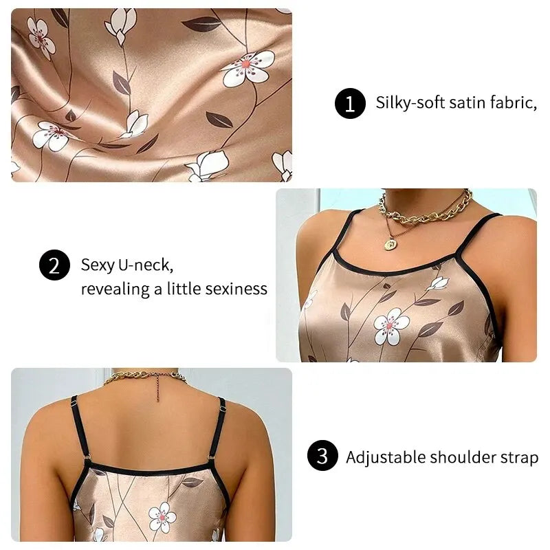 Satin Floral Print Comfortable Spaghetti Strap Nightdress