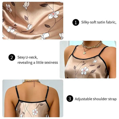 Satin Floral Print Comfortable Spaghetti Strap Nightdress