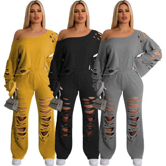 Oliva's Round Neck Pullover Hole Solid Pant Sets