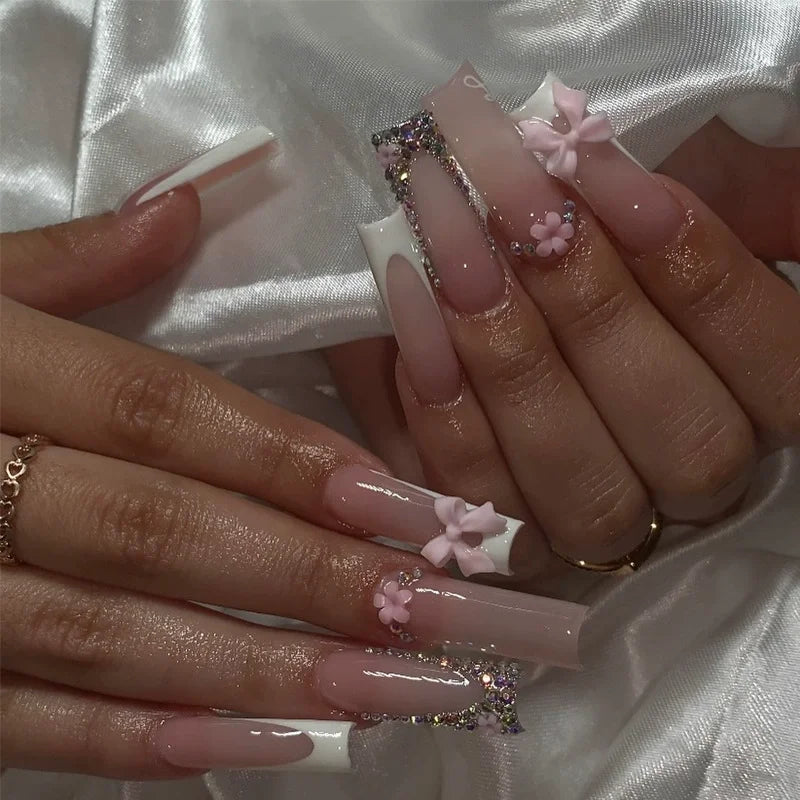 24Pcs Long Ballet False Nails Pink Butterfly with Rhinestones French Design Wearable Fake Nails Glitter Press on Nails Tips Art