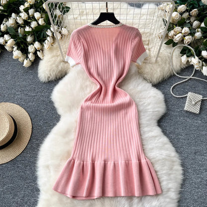 Mermaid V-neck Button Ribbed Knitted Dresses