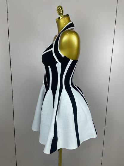 Celebrity Elegant Evening  Backless Black White Stripes Halter Bandage A Line Mini Dresses