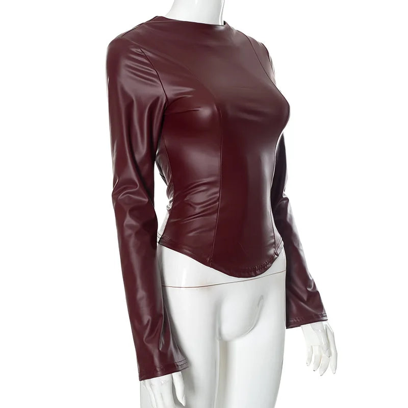 Bella WineRed Leather Shirt Corset Top