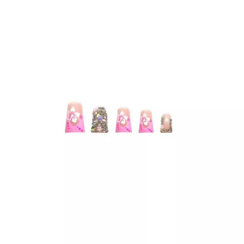 24pcs Duck False Nails with Tools Medium Fashion Diamonds Decorative Realistic Nails Press on Sweet Flowers Artificial Fake Nail