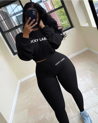 Winter Solid Lucky Label Letter Embroidery Two Piece Sets Women Sweatshirt+Leggings Casual Sporty Tracksuits Female