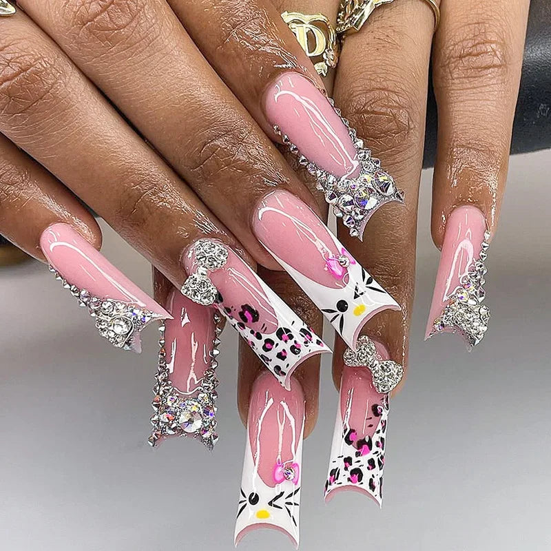 24Pcs Duckbill Nails Press on Y2K French Black Fake Nails Tips with Hellokitty Metal Charms Full Cover Acrylic False Nail