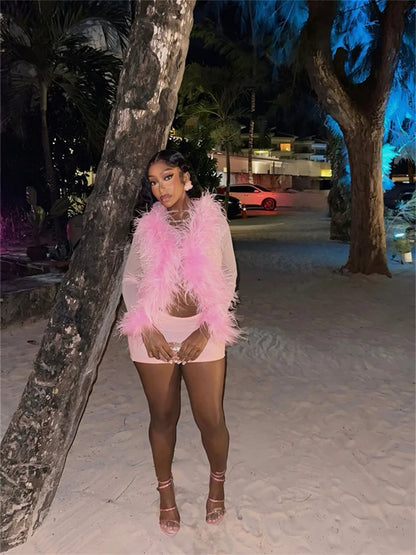See Through Faux Fur Tops + Mini Hip Skirt Sets