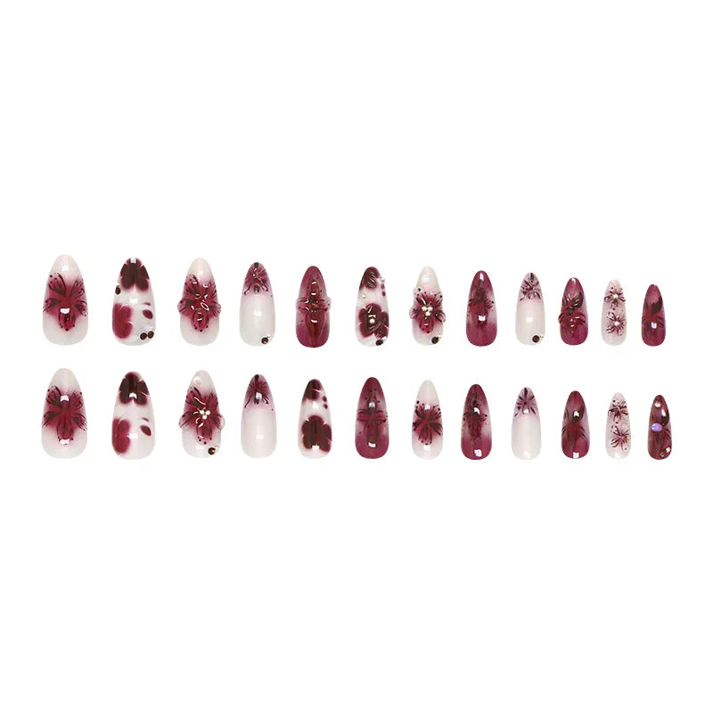 24pcs Flower Print Press on Nails Wine Red Blush Almond False Nail Tips Wearable Reusable Summer Spicy Girl Fake Nails