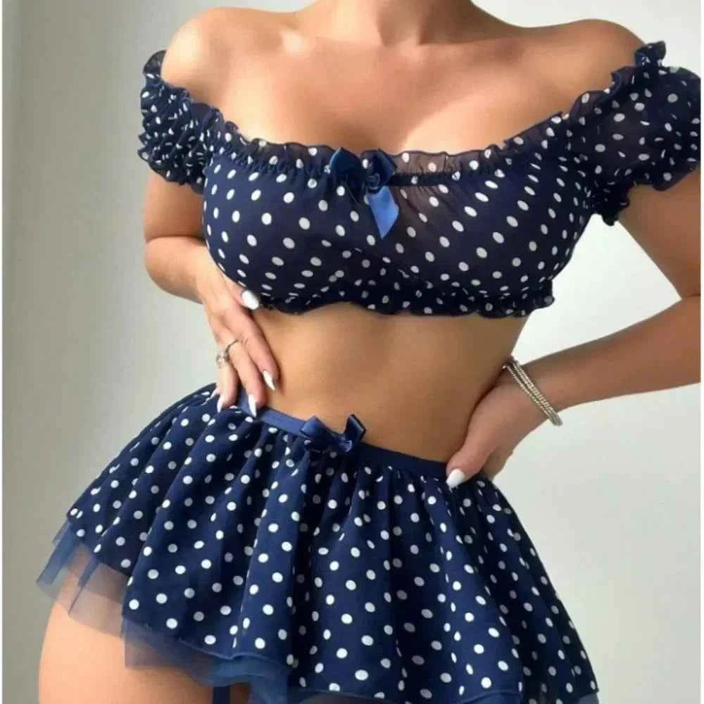 Erotic Short Skirt with Garter Straps Polka Dot + Off Shoulder Puffy Polka Bra Set