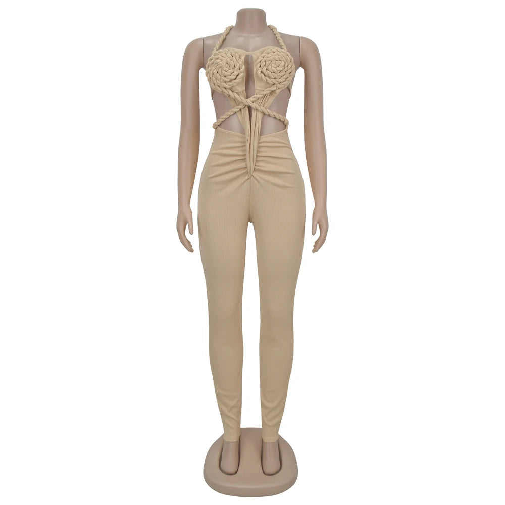 Halter Neck Ribbed Ruched Backless Leggings Jumpsuits (One Piece)