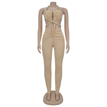 Halter Neck Ribbed Ruched Backless Leggings Jumpsuits (One Piece)