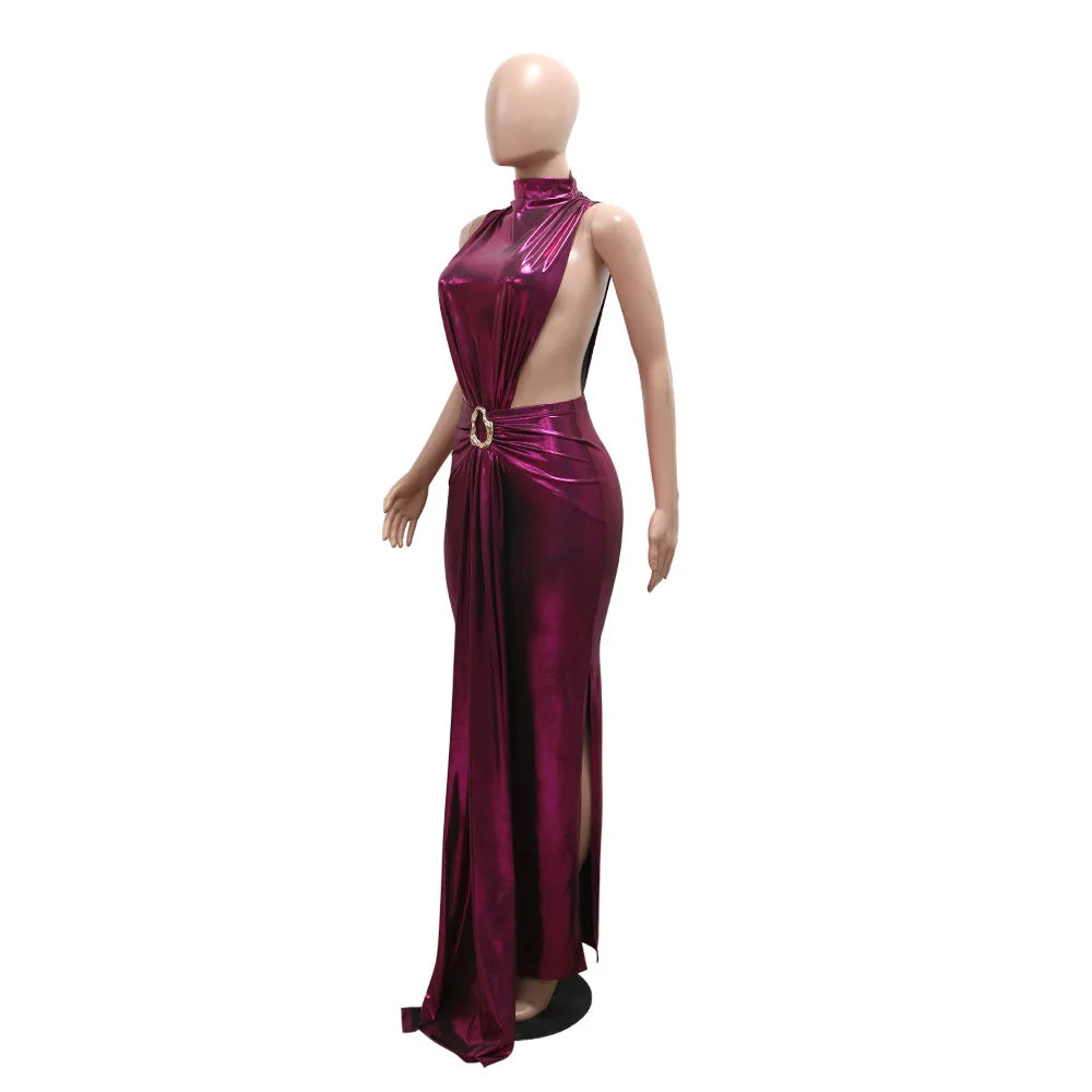 Sania Shiny Metallic Women's Ruched Cocktail Evening Maxi Long Dresses