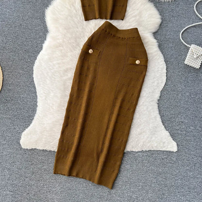 Knitted 2 Pcs. Buttons Crop Top Tanks + Slit Midi Skirt Set