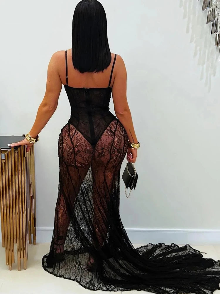 Beautiful See-Through Lace Floral Perspective Sheer Mesh Night Dress Sleepwear