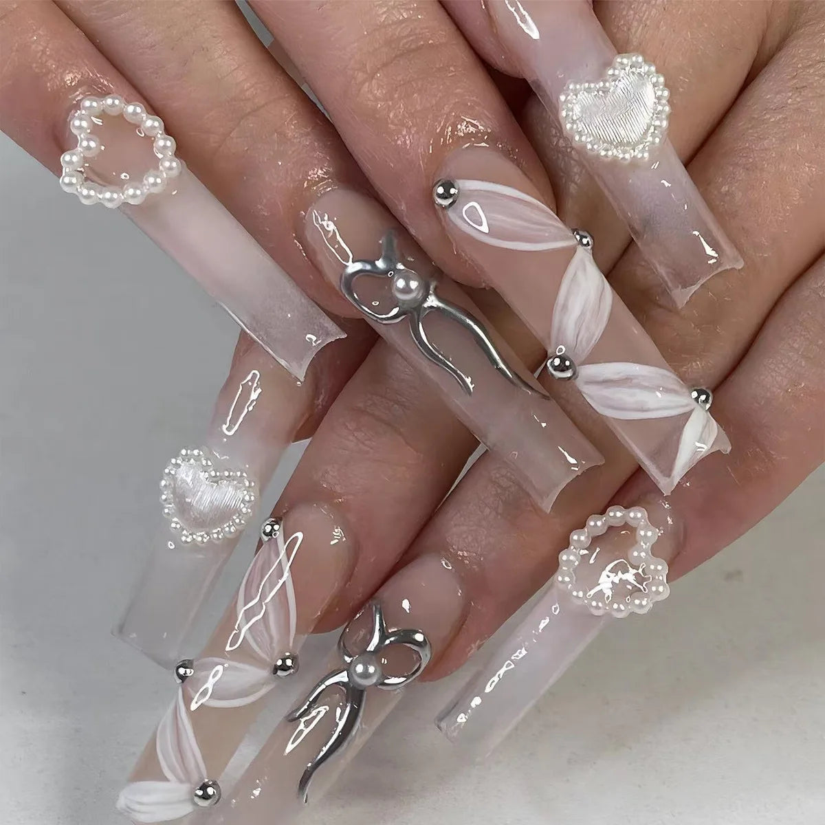 24Pcs Blue Long False Nails Butterfly Ballet French Cartoon  Wearable Fake Nails Full Cover Design Press on Nails Tips Art