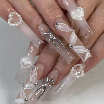 24Pcs Blue Long False Nails Butterfly Ballet French Cartoon  Wearable Fake Nails Full Cover Design Press on Nails Tips Art