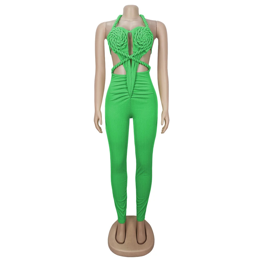 Halter Neck Ribbed Ruched Backless Leggings Jumpsuits (One Piece)