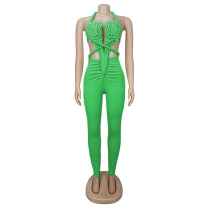 Halter Neck Ribbed Ruched Backless Leggings Jumpsuits (One Piece)