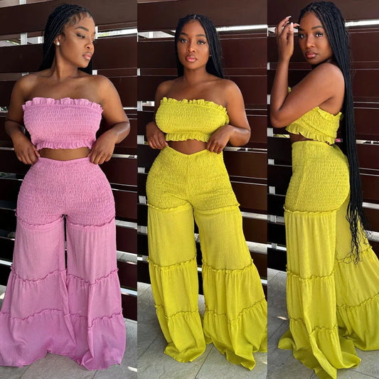 2pc Boho Ruffled Strapless Crop Tube Top + Wide Leg Pants Suit