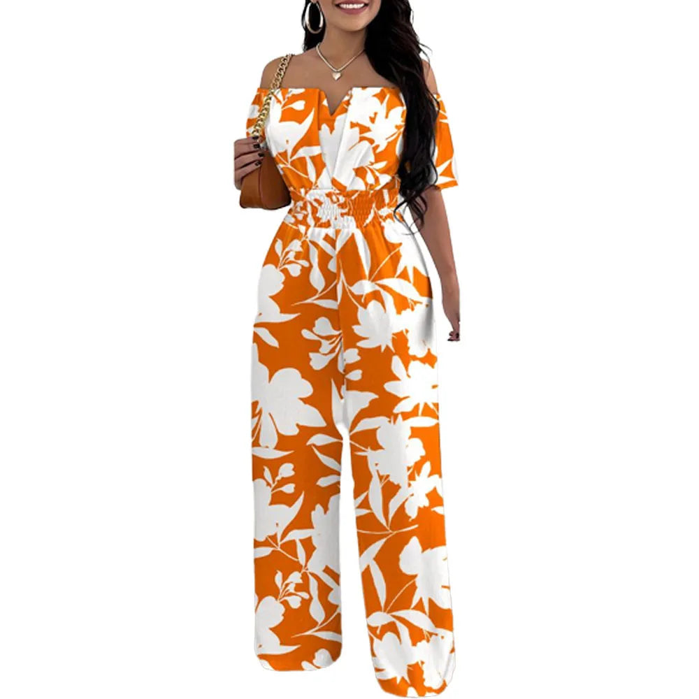Fashion Off Shoulder Casual Plain Short Sleeve Shirred Waist Daily Long Wide Leg Jumpsuit