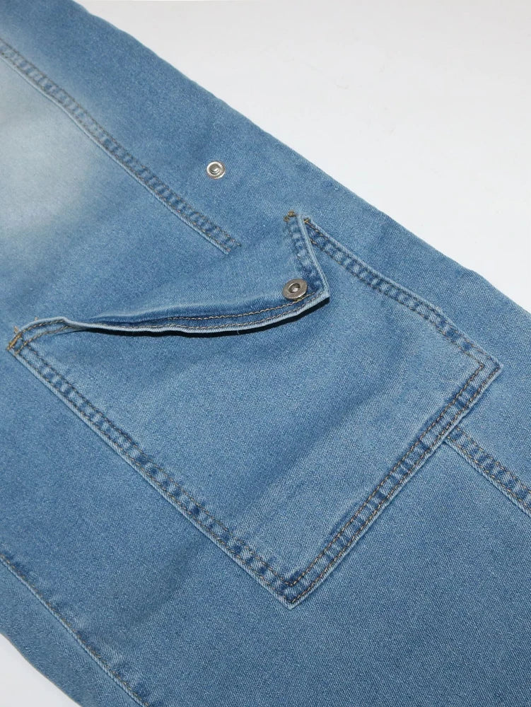 Loose High Waisted Zipper Denim Cargo Jumpsuits