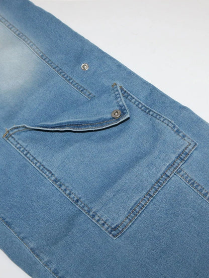 Loose High Waisted Zipper Denim Cargo Jumpsuits